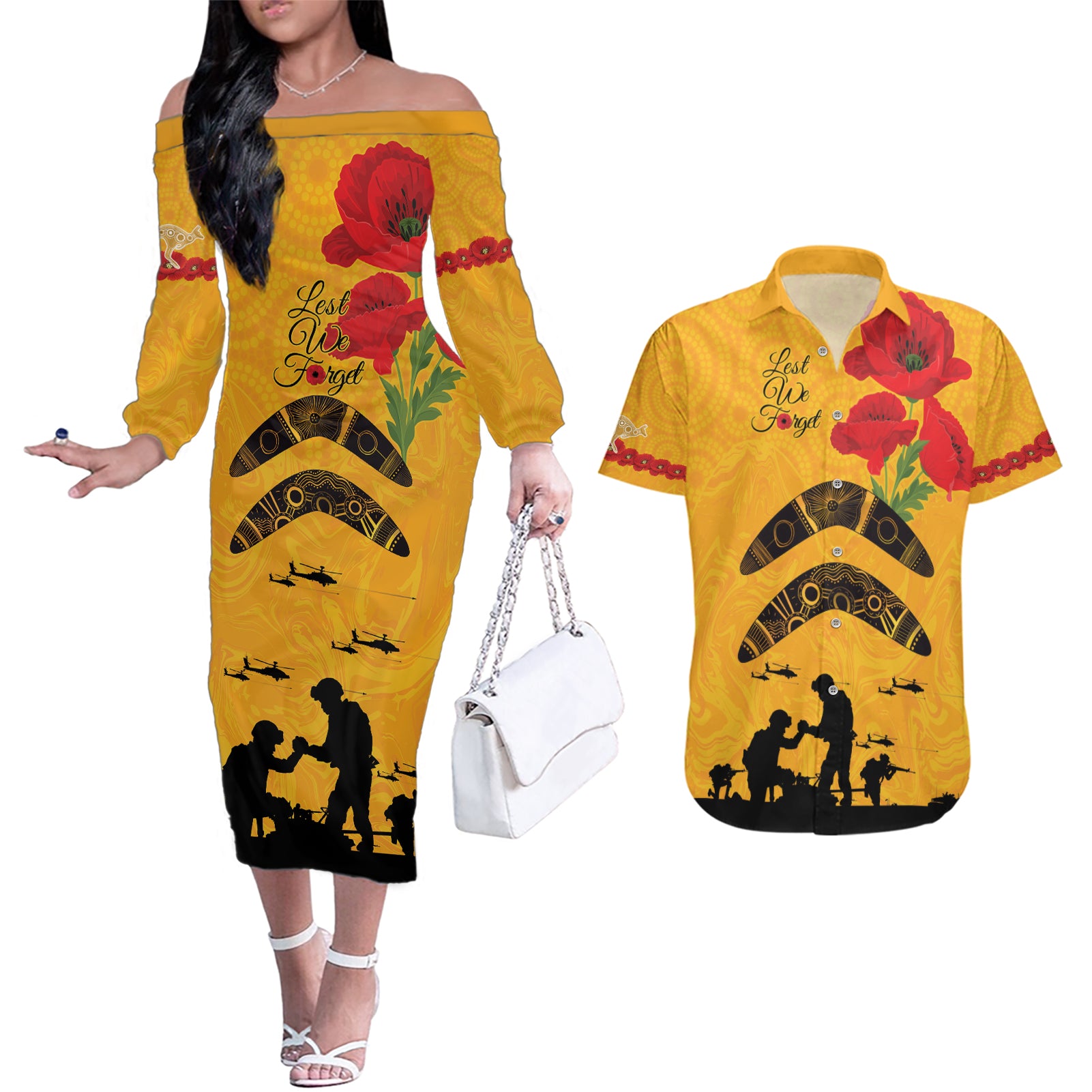 Australia Matildas Soccer ANZAC Custom Couples Matching Off The Shoulder Long Sleeve Dress and Hawaiian Shirt Gallipoli Soldier With Aboriginal Dots Art