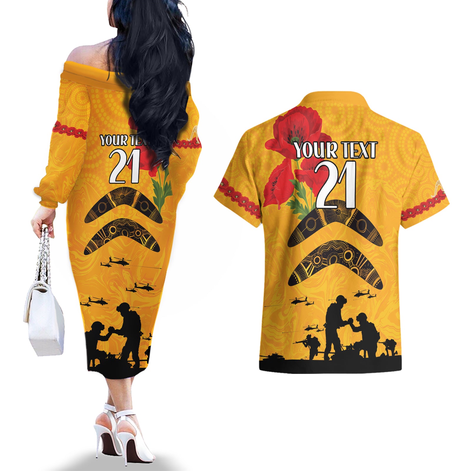 Australia Matildas Soccer ANZAC Custom Couples Matching Off The Shoulder Long Sleeve Dress and Hawaiian Shirt Gallipoli Soldier With Aboriginal Dots Art
