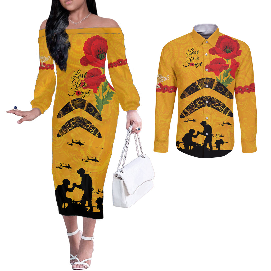 Australia Matildas Soccer ANZAC Custom Couples Matching Off The Shoulder Long Sleeve Dress and Long Sleeve Button Shirt Gallipoli Soldier With Aboriginal Dots Art