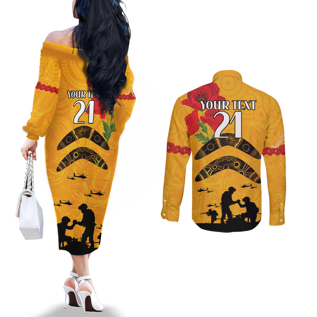 Australia Matildas Soccer ANZAC Custom Couples Matching Off The Shoulder Long Sleeve Dress and Long Sleeve Button Shirt Gallipoli Soldier With Aboriginal Dots Art