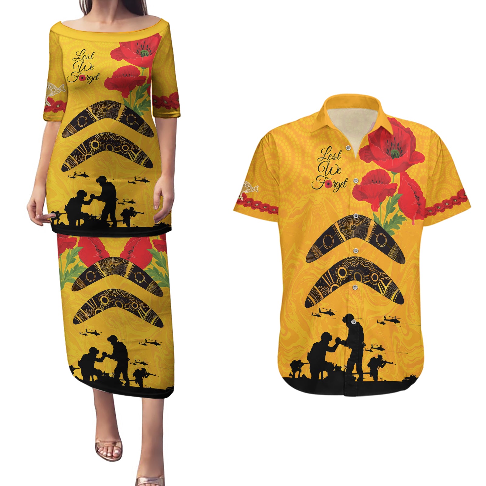 Australia Matildas Soccer ANZAC Custom Couples Matching Puletasi and Hawaiian Shirt Gallipoli Soldier With Aboriginal Dots Art
