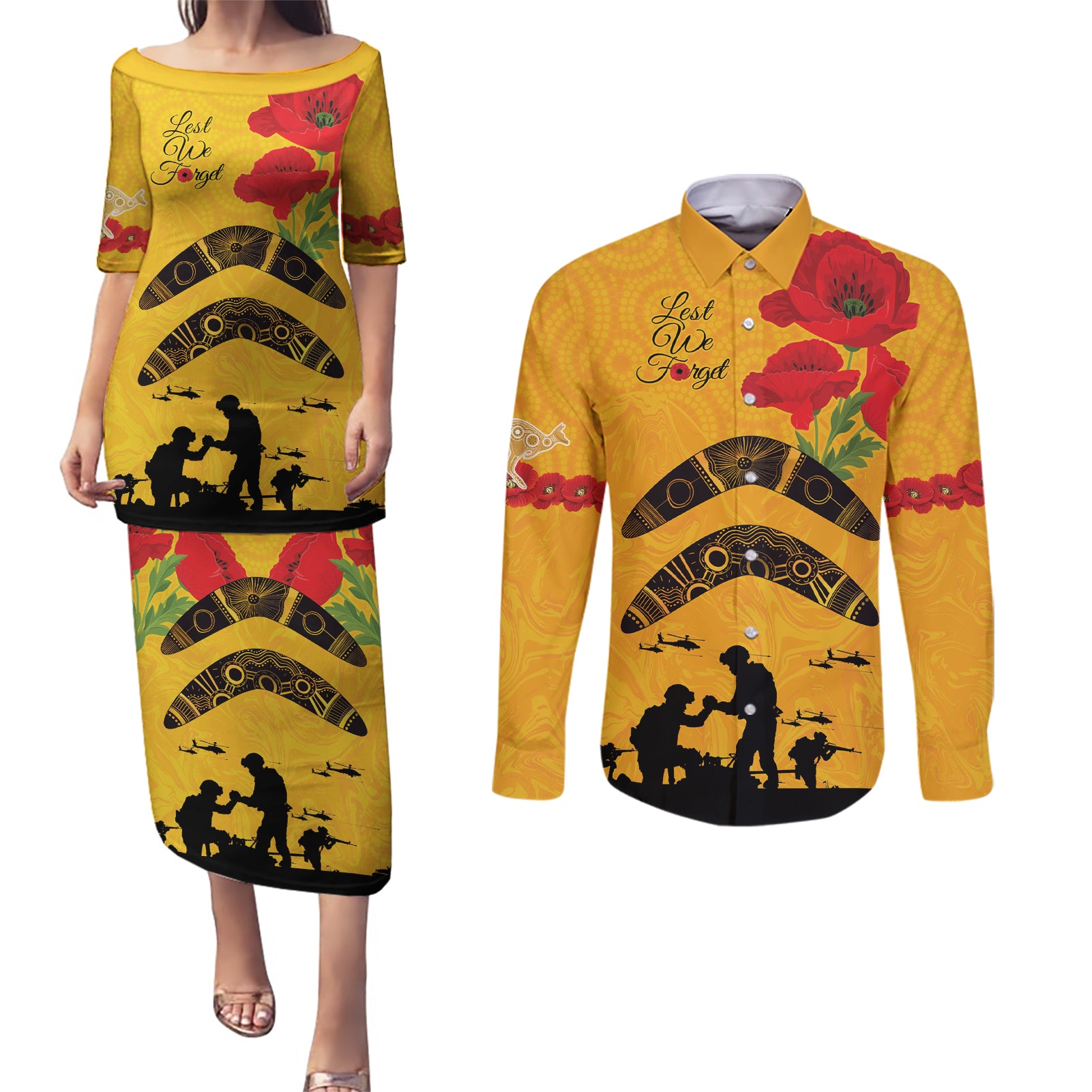 Australia Matildas Soccer ANZAC Custom Couples Matching Puletasi and Long Sleeve Button Shirt Gallipoli Soldier With Aboriginal Dots Art