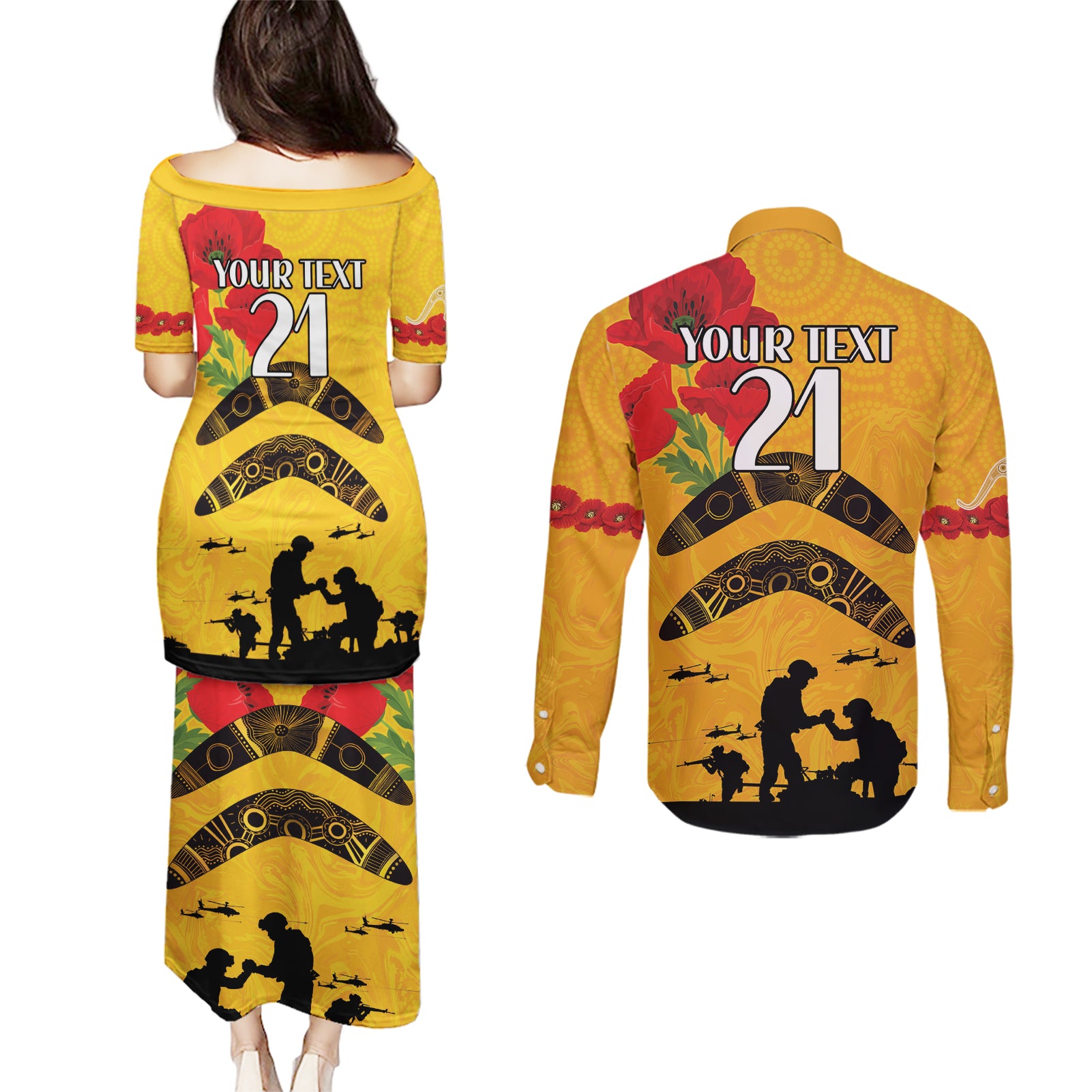 Australia Matildas Soccer ANZAC Custom Couples Matching Puletasi and Long Sleeve Button Shirt Gallipoli Soldier With Aboriginal Dots Art