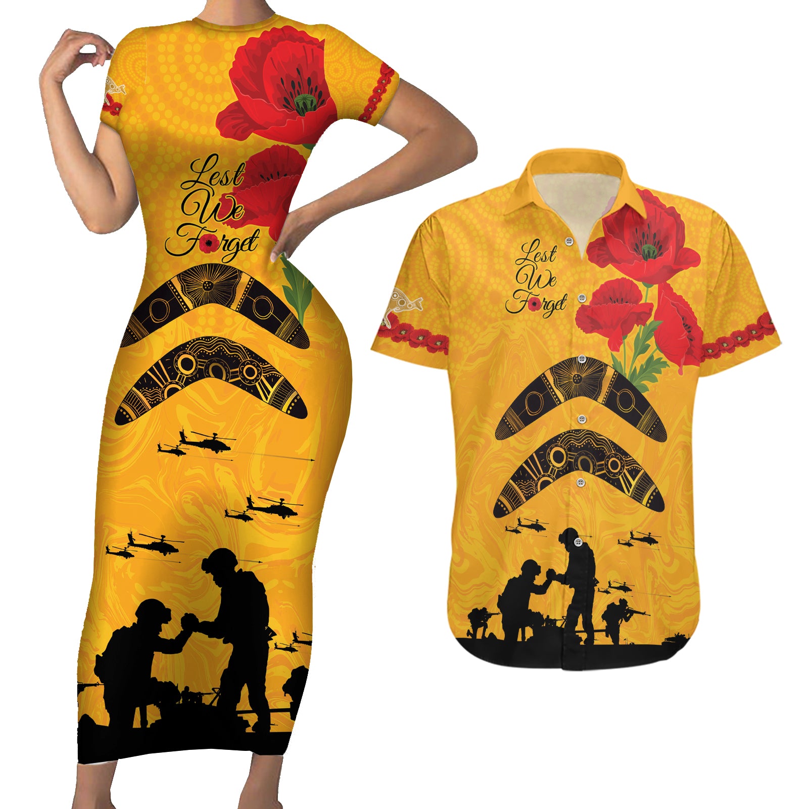 Australia Matildas Soccer ANZAC Custom Couples Matching Short Sleeve Bodycon Dress and Hawaiian Shirt Gallipoli Soldier With Aboriginal Dots Art