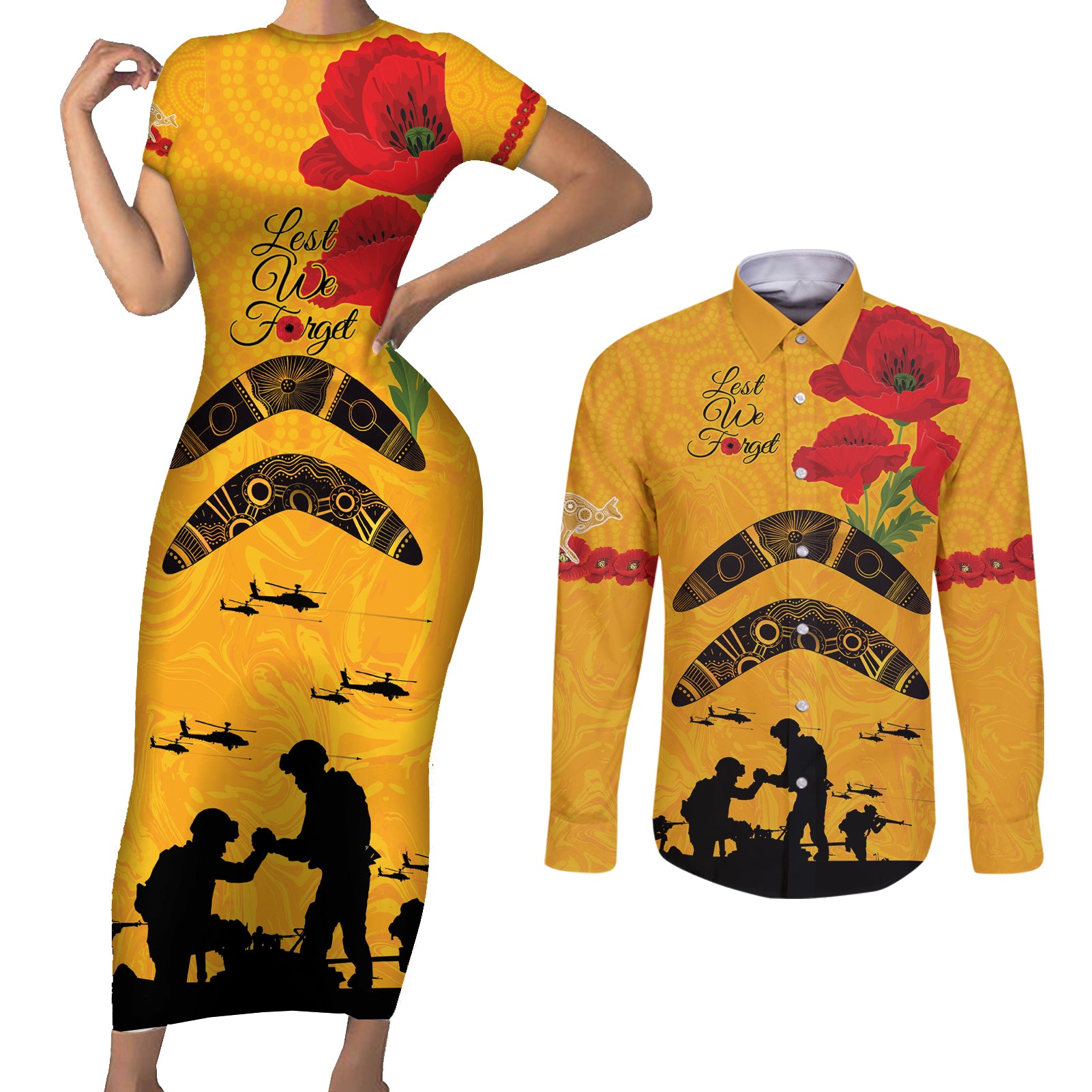 Australia Matildas Soccer ANZAC Custom Couples Matching Short Sleeve Bodycon Dress and Long Sleeve Button Shirt Gallipoli Soldier With Aboriginal Dots Art