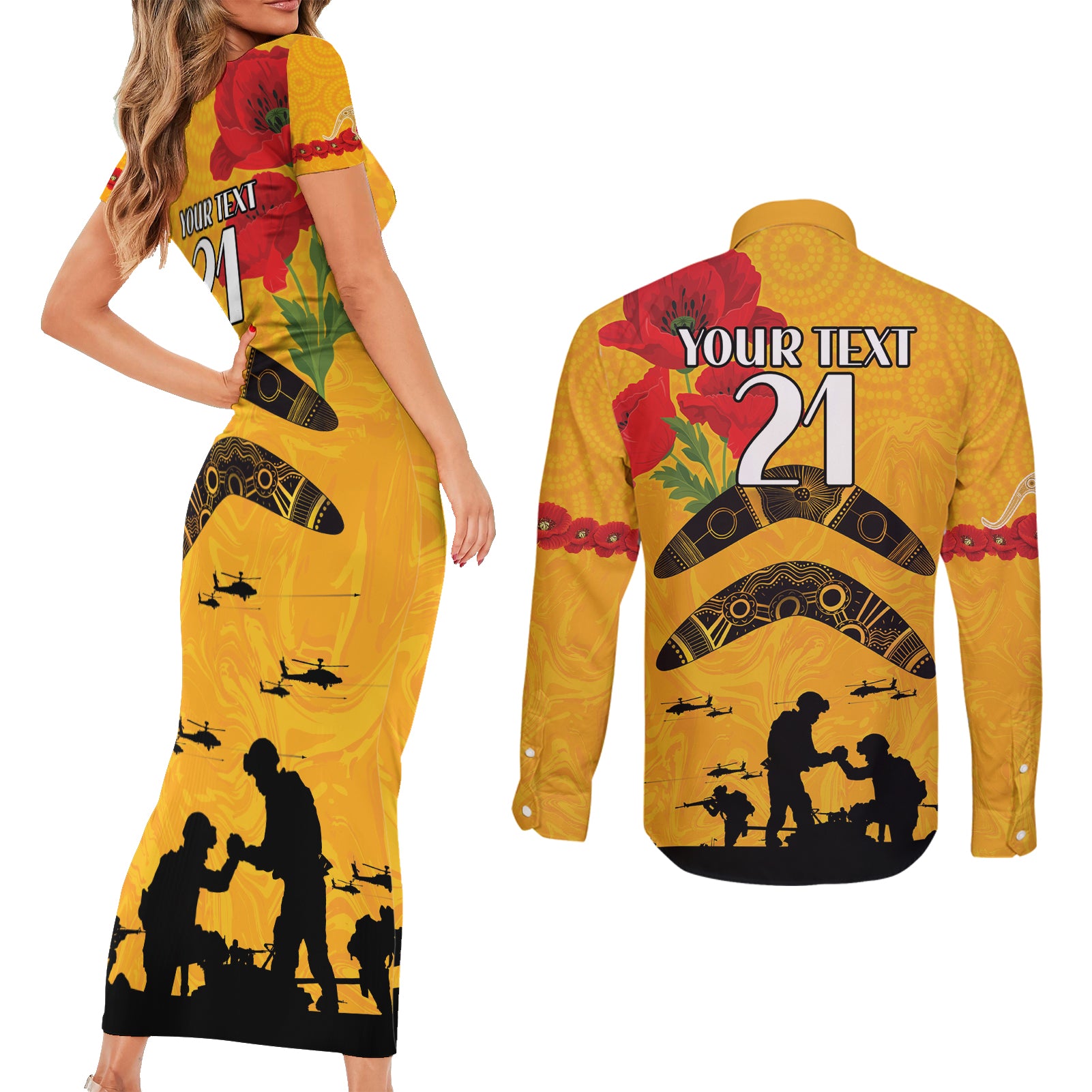 Australia Matildas Soccer ANZAC Custom Couples Matching Short Sleeve Bodycon Dress and Long Sleeve Button Shirt Gallipoli Soldier With Aboriginal Dots Art