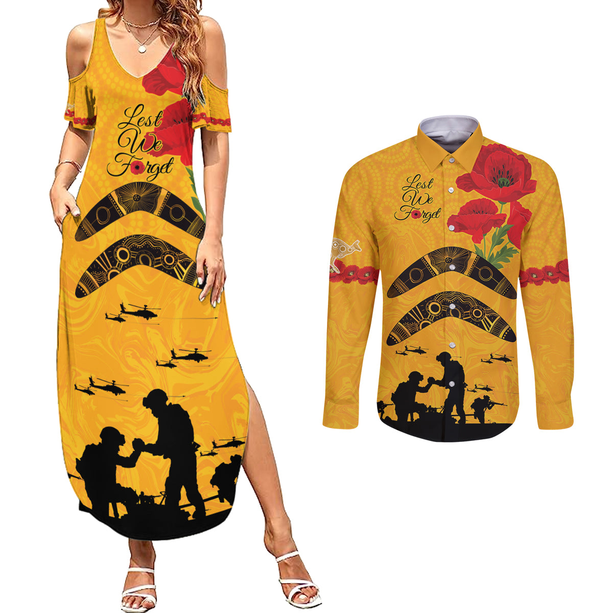 Australia Matildas Soccer ANZAC Custom Couples Matching Summer Maxi Dress and Long Sleeve Button Shirt Gallipoli Soldier With Aboriginal Dots Art
