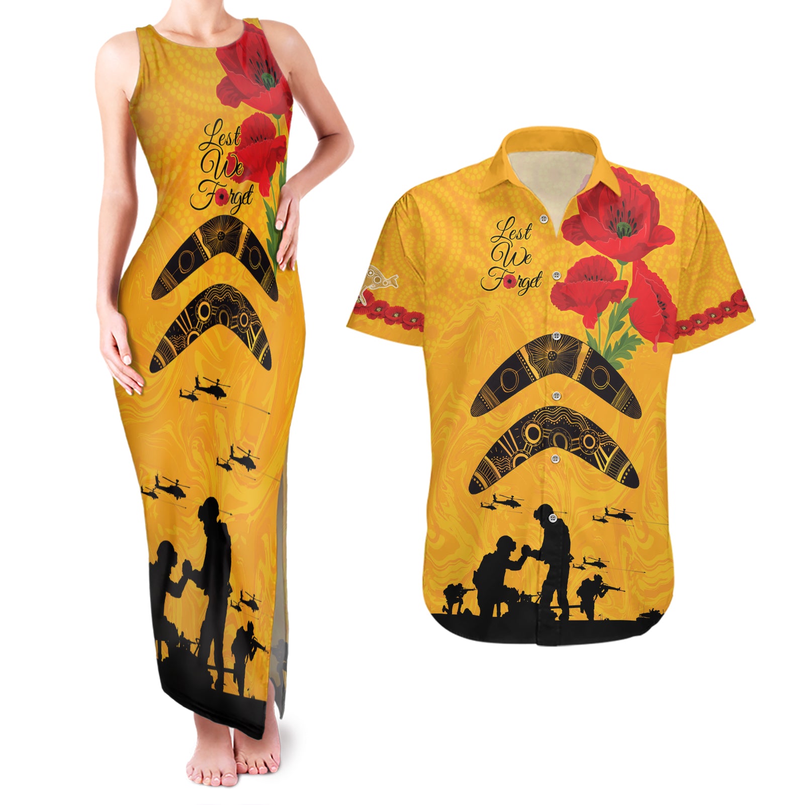 Australia Matildas Soccer ANZAC Custom Couples Matching Tank Maxi Dress and Hawaiian Shirt Gallipoli Soldier With Aboriginal Dots Art