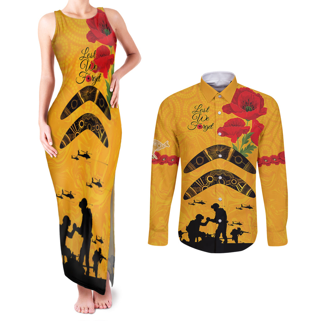 Australia Matildas Soccer ANZAC Custom Couples Matching Tank Maxi Dress and Long Sleeve Button Shirt Gallipoli Soldier With Aboriginal Dots Art