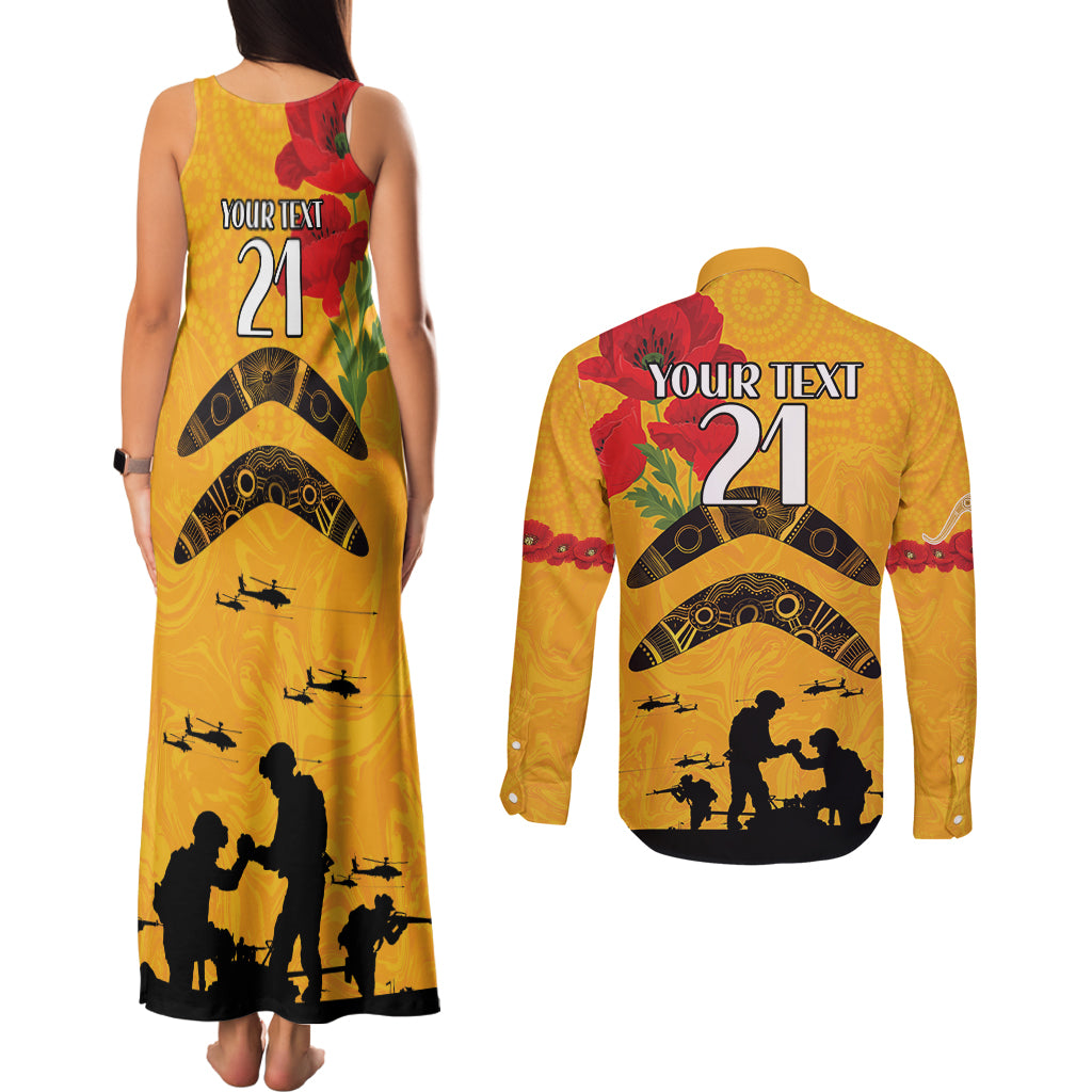 Australia Matildas Soccer ANZAC Custom Couples Matching Tank Maxi Dress and Long Sleeve Button Shirt Gallipoli Soldier With Aboriginal Dots Art