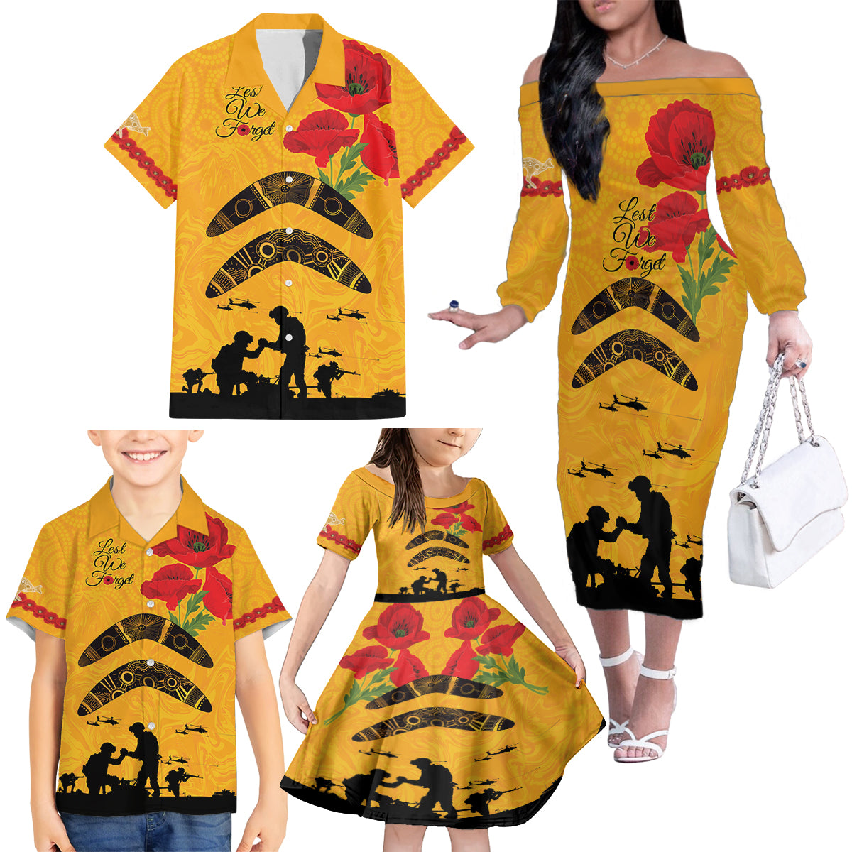 Australia Matildas Soccer ANZAC Custom Family Matching Off Shoulder Long Sleeve Dress and Hawaiian Shirt Gallipoli Soldier With Aboriginal Dots Art
