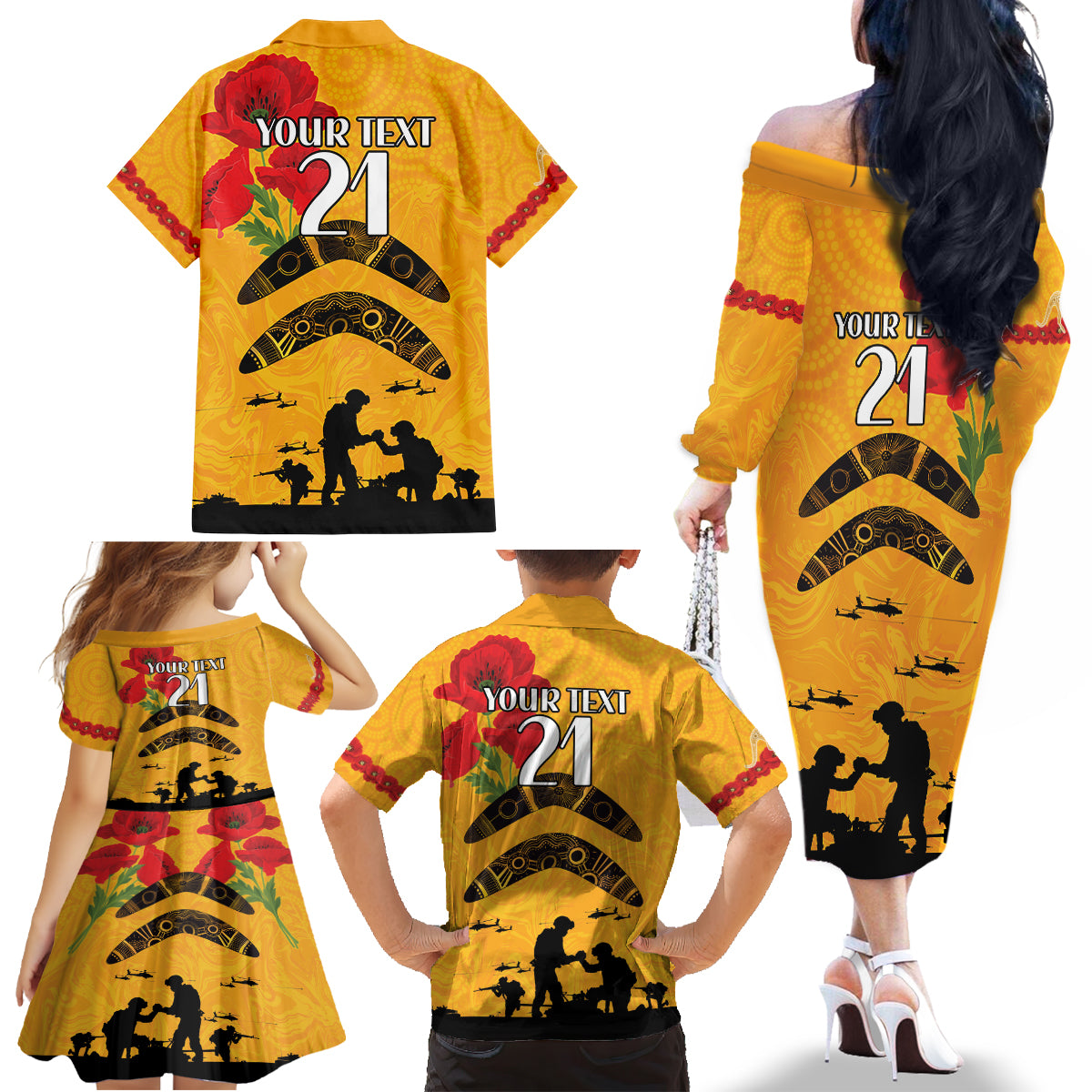 Australia Matildas Soccer ANZAC Custom Family Matching Off Shoulder Long Sleeve Dress and Hawaiian Shirt Gallipoli Soldier With Aboriginal Dots Art