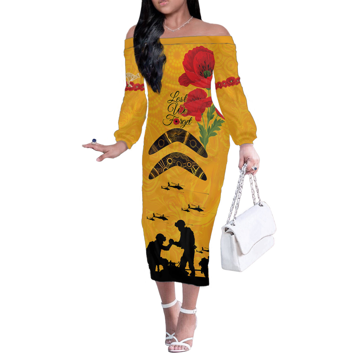 Australia Matildas Soccer ANZAC Custom Family Matching Off Shoulder Long Sleeve Dress and Hawaiian Shirt Gallipoli Soldier With Aboriginal Dots Art