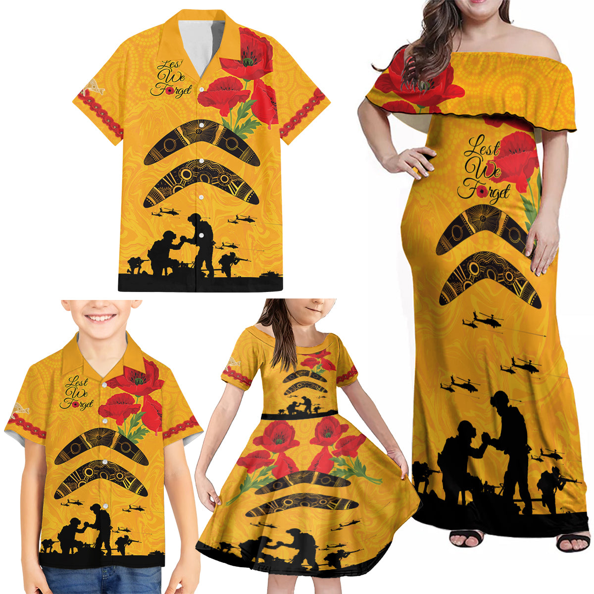Australia Matildas Soccer ANZAC Custom Family Matching Off Shoulder Maxi Dress and Hawaiian Shirt Gallipoli Soldier With Aboriginal Dots Art