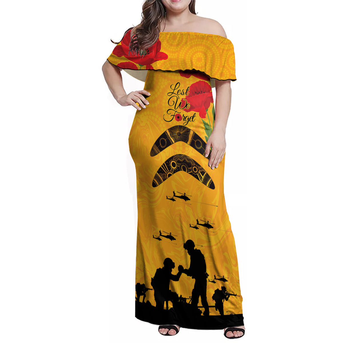 Australia Matildas Soccer ANZAC Custom Family Matching Off Shoulder Maxi Dress and Hawaiian Shirt Gallipoli Soldier With Aboriginal Dots Art