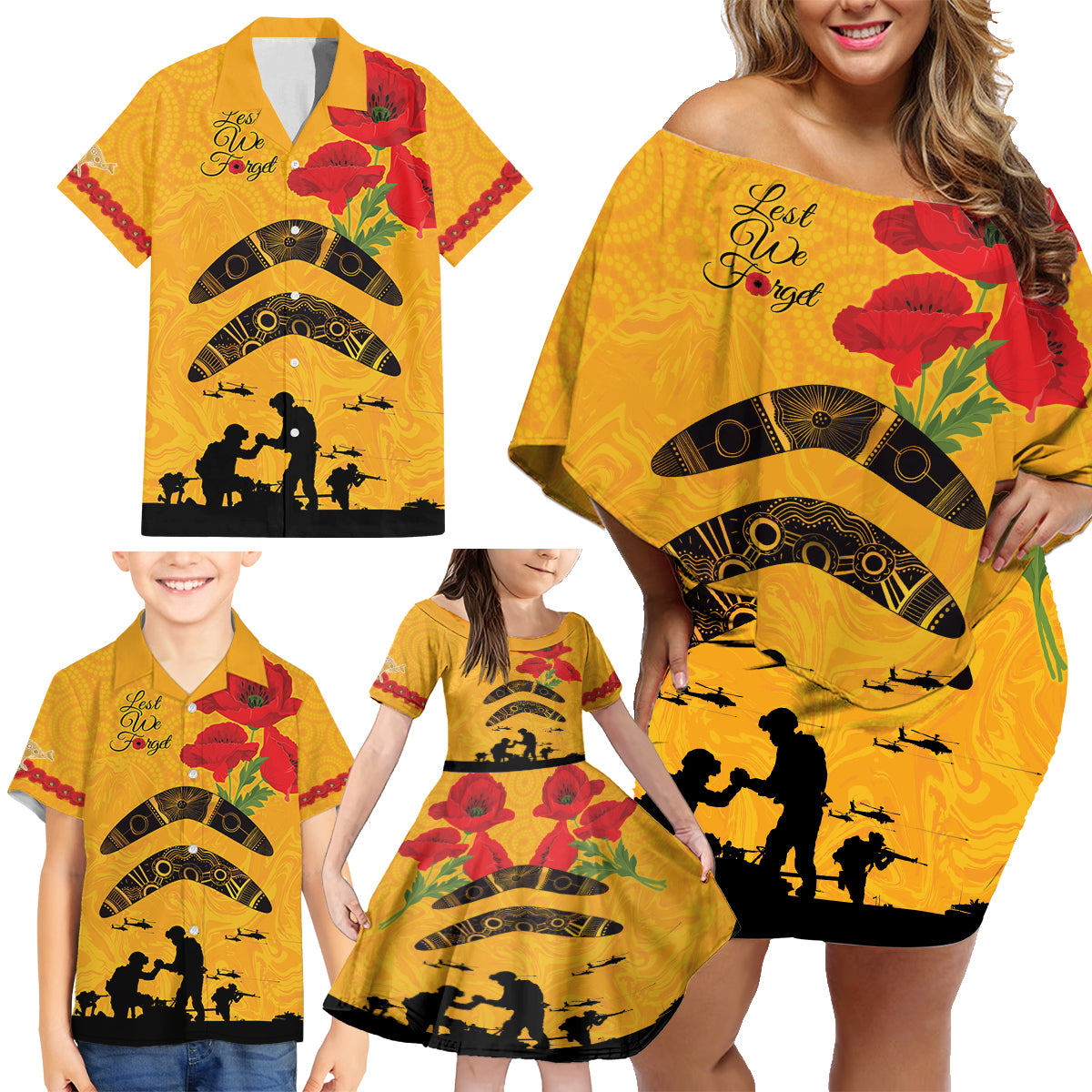 Australia Matildas Soccer ANZAC Custom Family Matching Off Shoulder Short Dress and Hawaiian Shirt Gallipoli Soldier With Aboriginal Dots Art