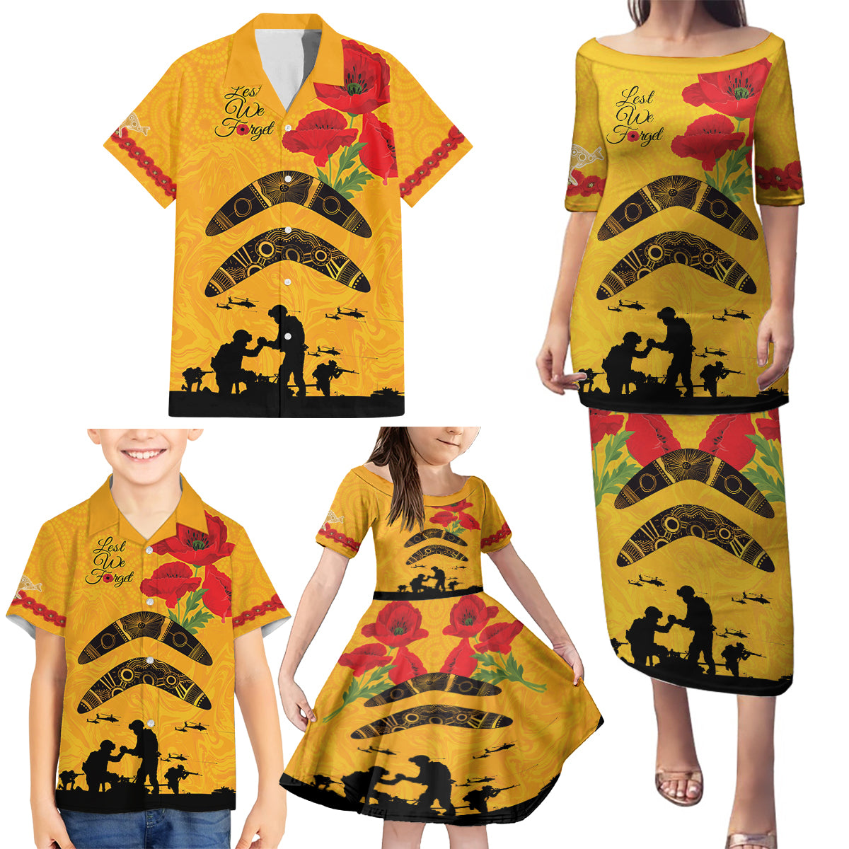 Australia Matildas Soccer ANZAC Custom Family Matching Puletasi and Hawaiian Shirt Gallipoli Soldier With Aboriginal Dots Art