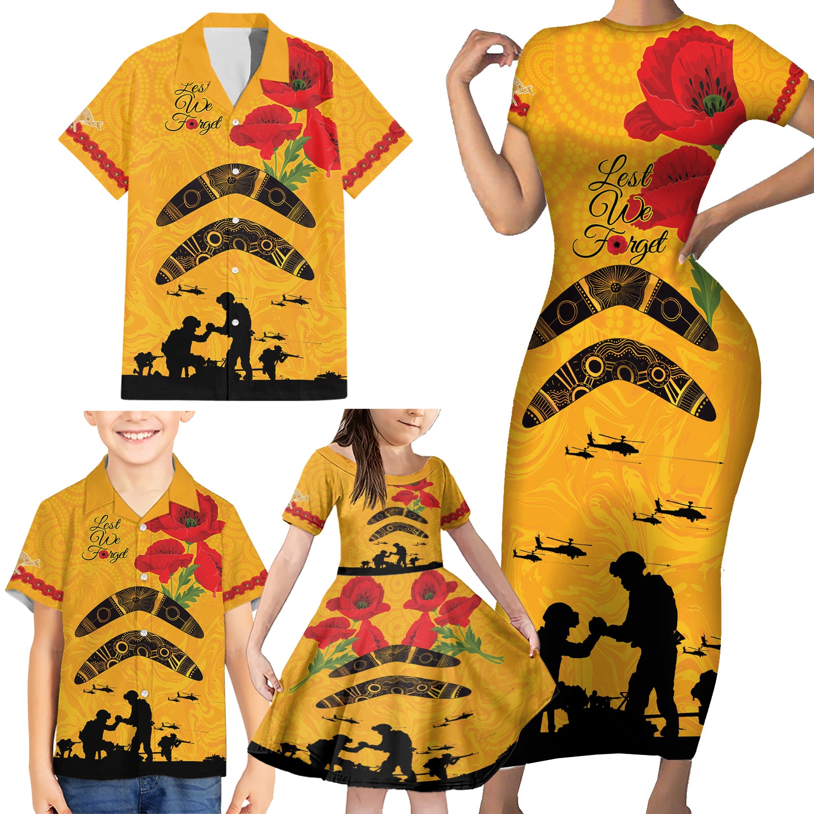 Australia Matildas Soccer ANZAC Custom Family Matching Short Sleeve Bodycon Dress and Hawaiian Shirt Gallipoli Soldier With Aboriginal Dots Art