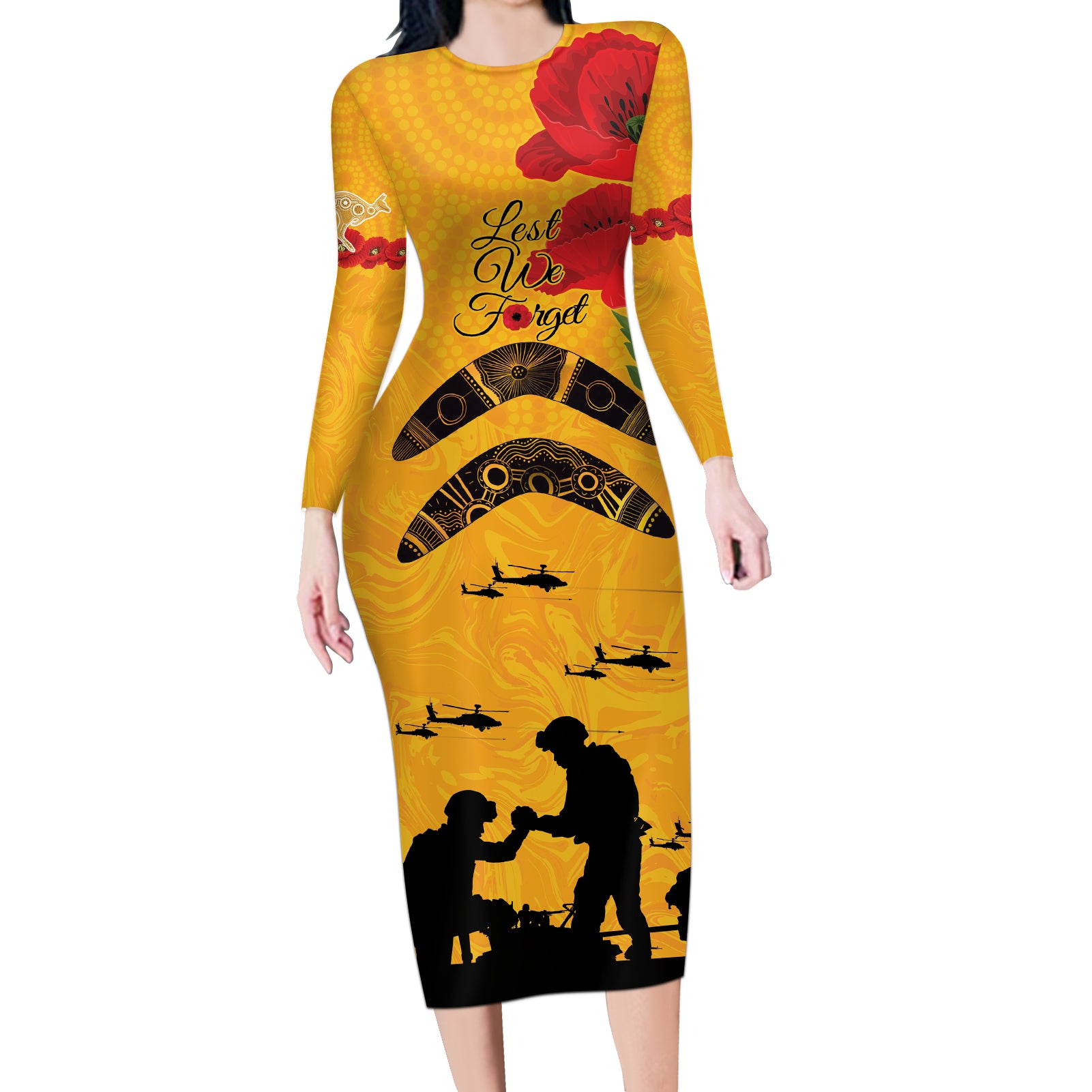 Australia Matildas Soccer ANZAC Custom Long Sleeve Bodycon Dress Gallipoli Soldier With Aboriginal Dots Art