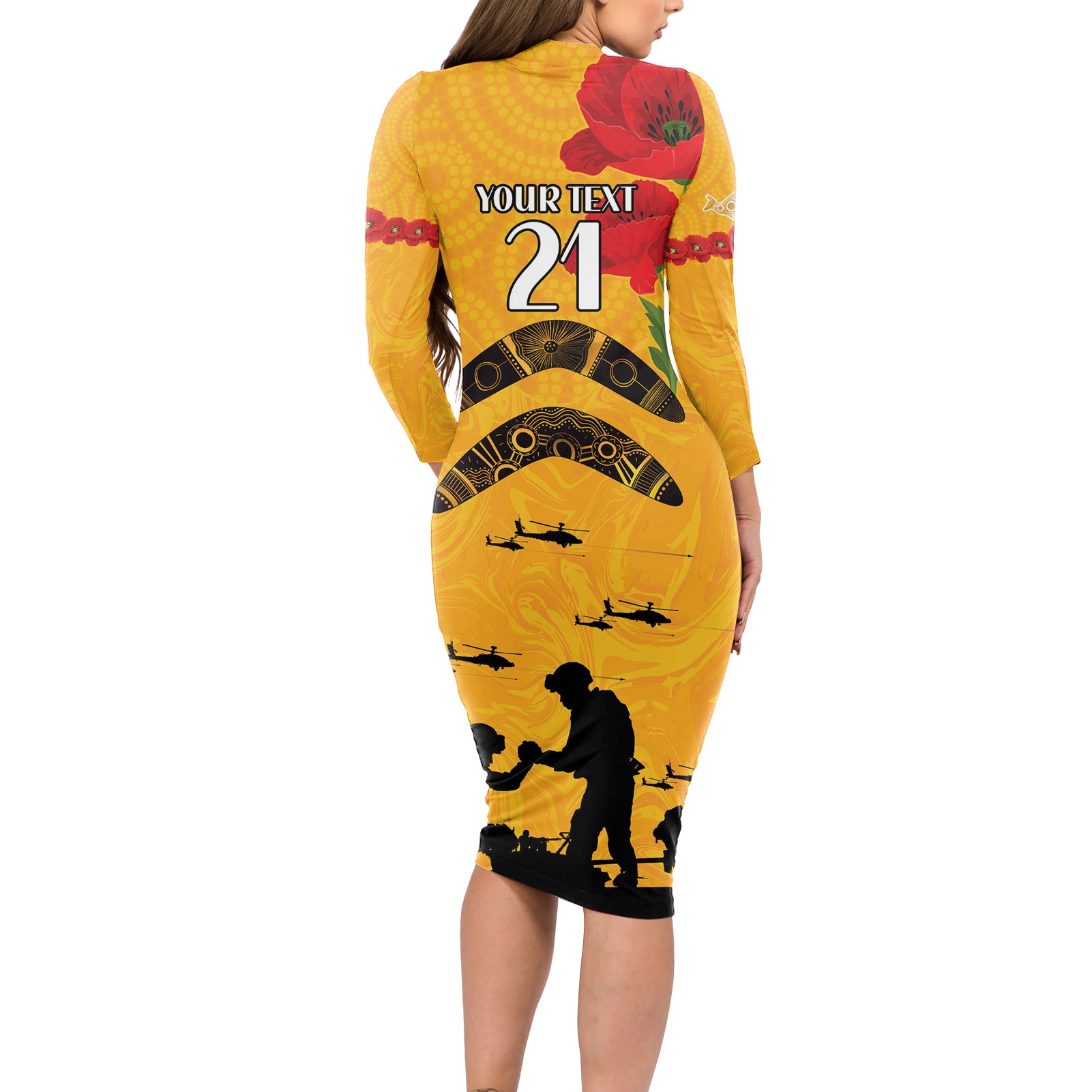 Australia Matildas Soccer ANZAC Custom Long Sleeve Bodycon Dress Gallipoli Soldier With Aboriginal Dots Art