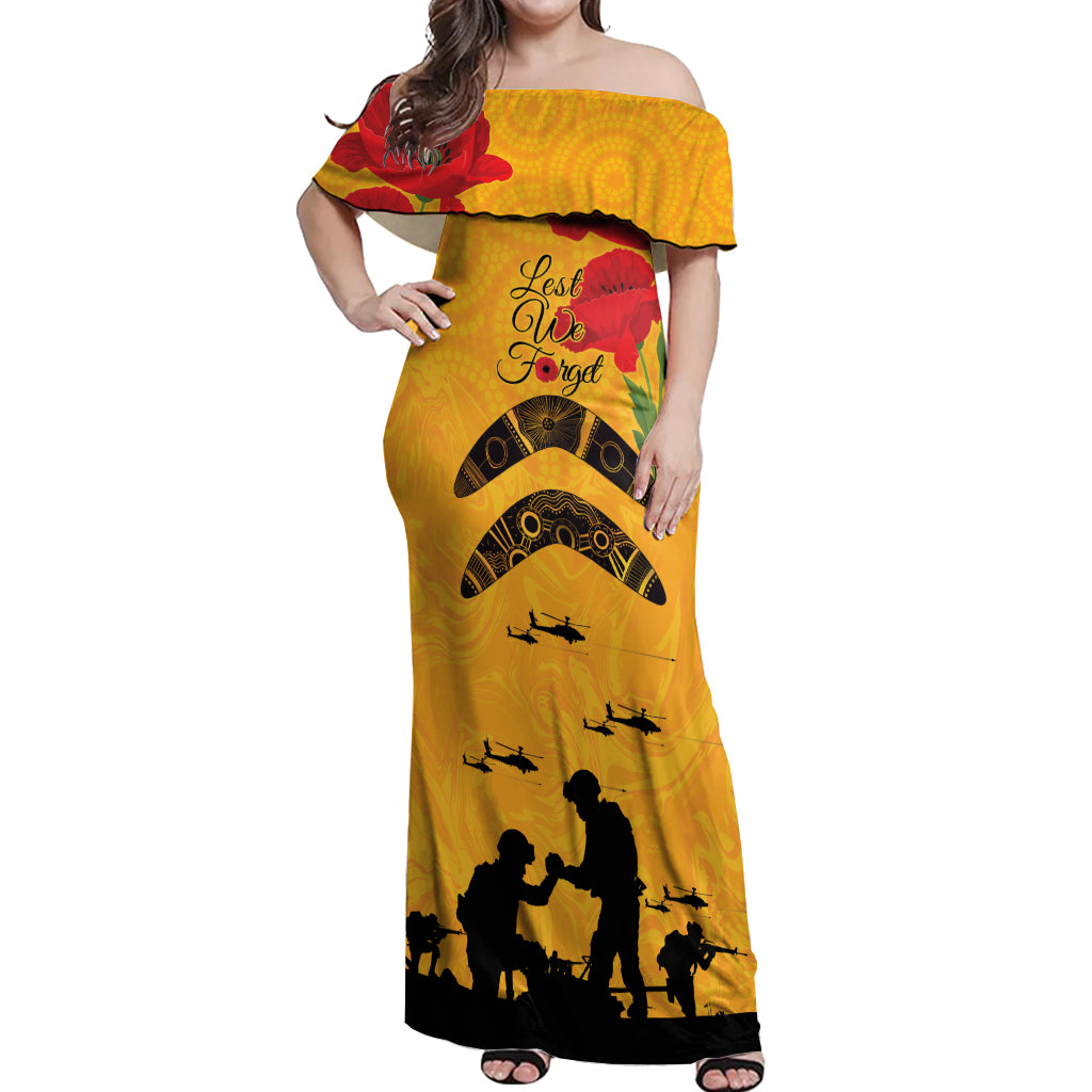 Australia Matildas Soccer ANZAC Custom Off Shoulder Maxi Dress Gallipoli Soldier With Aboriginal Dots Art