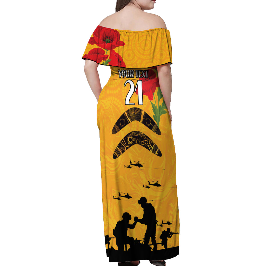 Australia Matildas Soccer ANZAC Custom Off Shoulder Maxi Dress Gallipoli Soldier With Aboriginal Dots Art