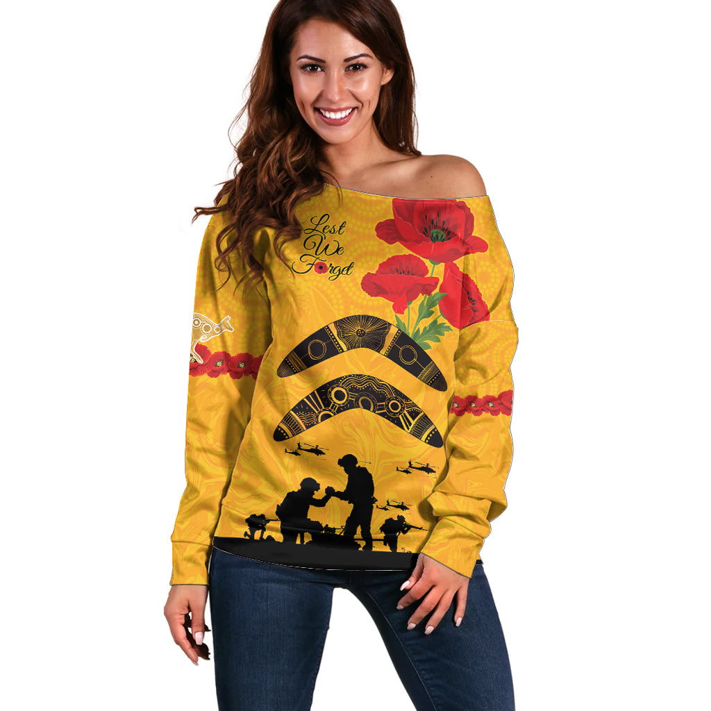 Australia Matildas Soccer ANZAC Custom Off Shoulder Sweater Gallipoli Soldier With Aboriginal Dots Art - Vibe Hoodie Shop