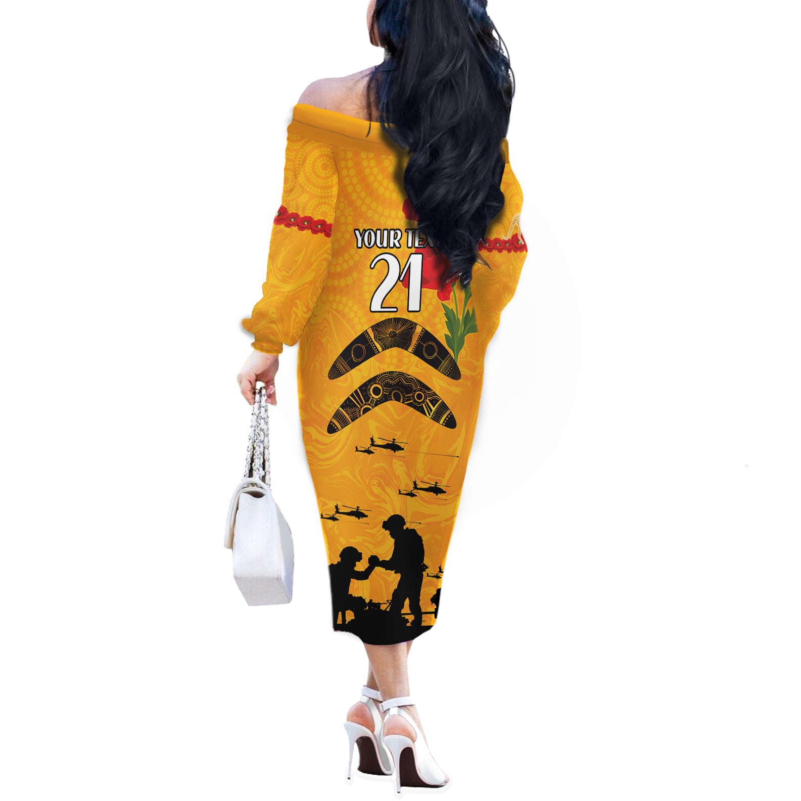 Australia Matildas Soccer ANZAC Custom Off The Shoulder Long Sleeve Dress Gallipoli Soldier With Aboriginal Dots Art