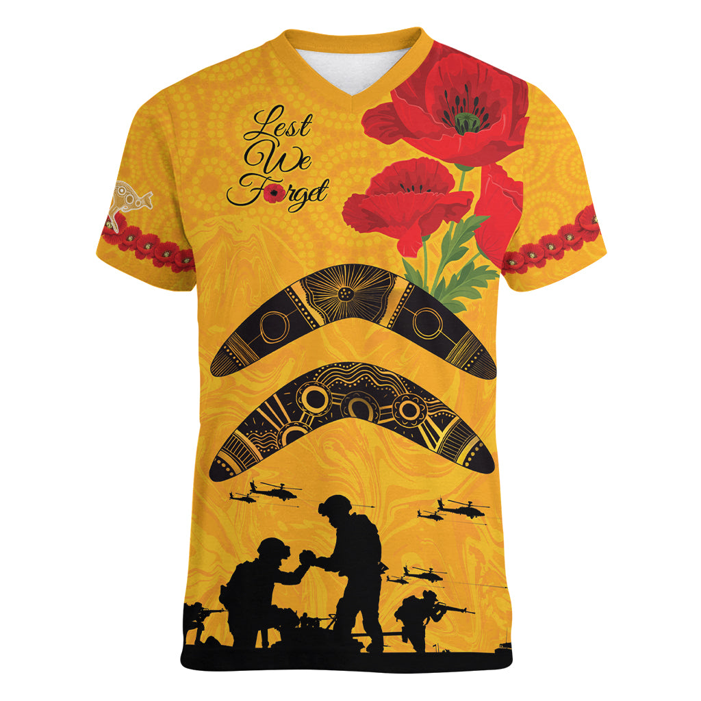 Australia Matildas Soccer ANZAC Custom Women V Neck T Shirt Gallipoli Soldier With Aboriginal Dots Art - Vibe Hoodie Shop