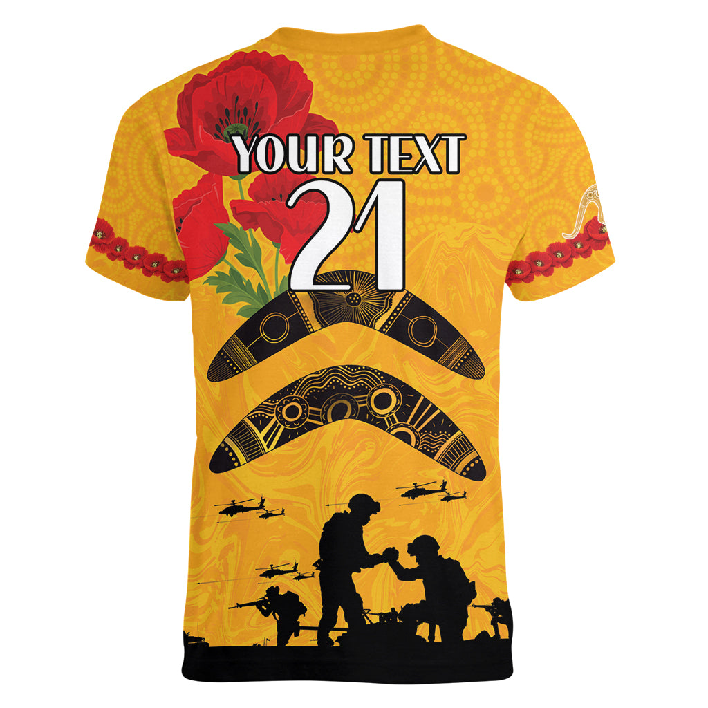 Australia Matildas Soccer ANZAC Custom Women V Neck T Shirt Gallipoli Soldier With Aboriginal Dots Art - Vibe Hoodie Shop