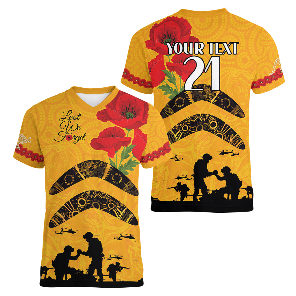 Australia Matildas Soccer ANZAC Custom Women V Neck T Shirt Gallipoli Soldier With Aboriginal Dots Art - Vibe Hoodie Shop