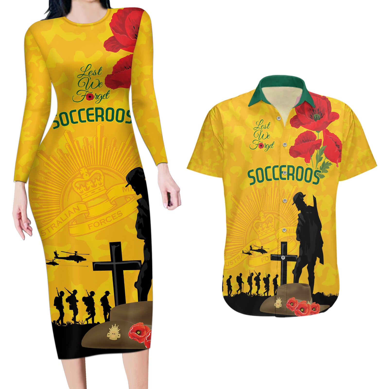 Australia Socceroos Soccer ANZAC Custom Couples Matching Long Sleeve Bodycon Dress and Hawaiian Shirt Gallipoli Soldier With Camouflage Art