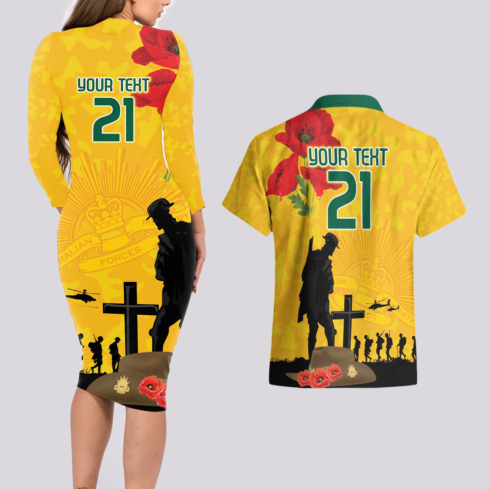Australia Socceroos Soccer ANZAC Custom Couples Matching Long Sleeve Bodycon Dress and Hawaiian Shirt Gallipoli Soldier With Camouflage Art