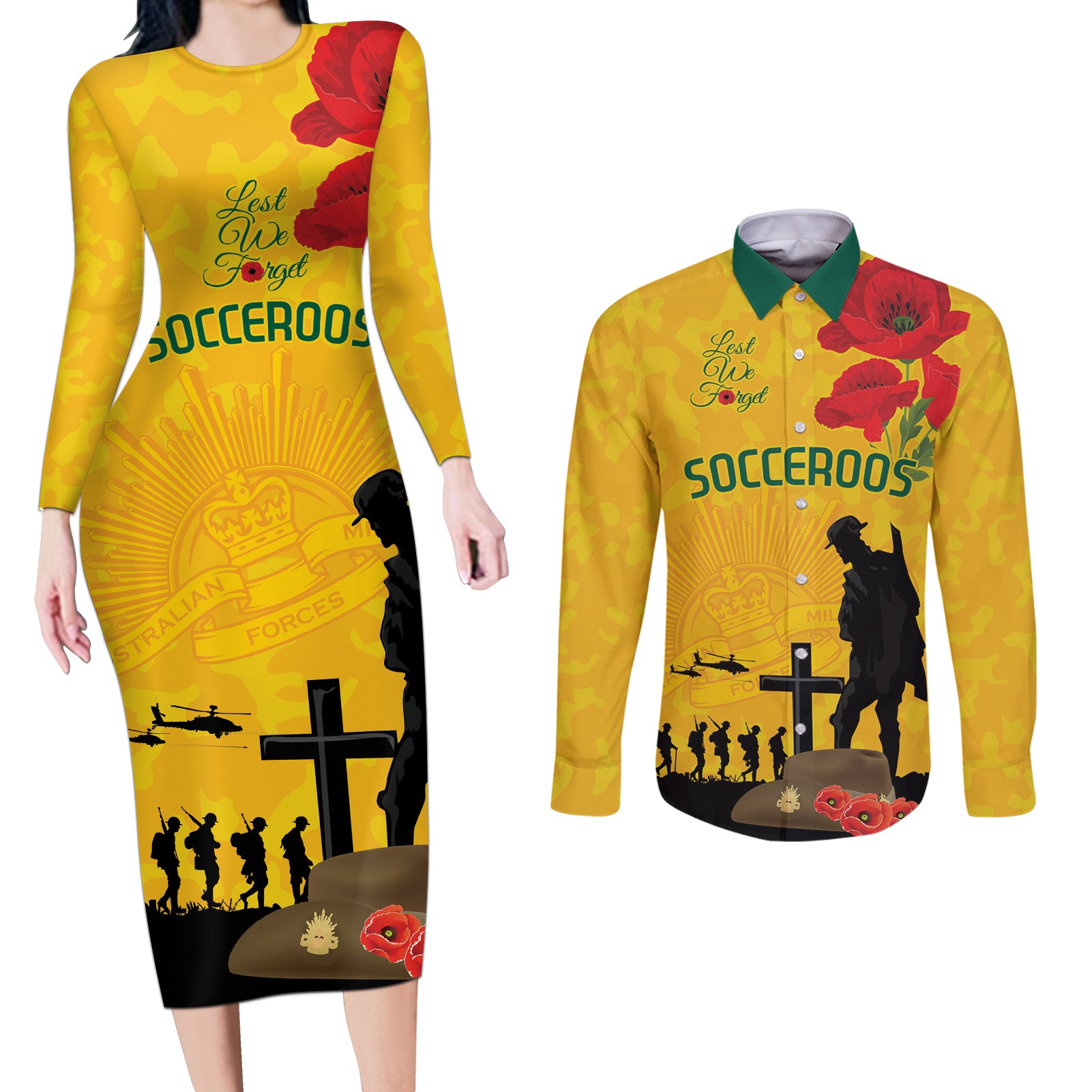 Australia Socceroos Soccer ANZAC Custom Couples Matching Long Sleeve Bodycon Dress and Long Sleeve Button Shirt Gallipoli Soldier With Camouflage Art