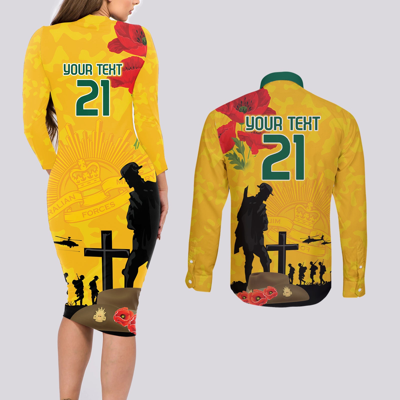 Australia Socceroos Soccer ANZAC Custom Couples Matching Long Sleeve Bodycon Dress and Long Sleeve Button Shirt Gallipoli Soldier With Camouflage Art