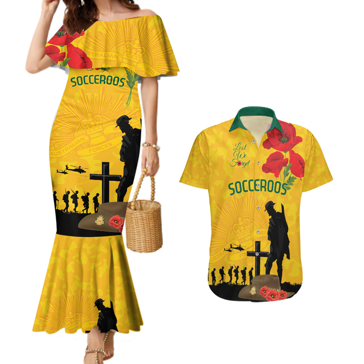 Australia Socceroos Soccer ANZAC Custom Couples Matching Mermaid Dress and Hawaiian Shirt Gallipoli Soldier With Camouflage Art