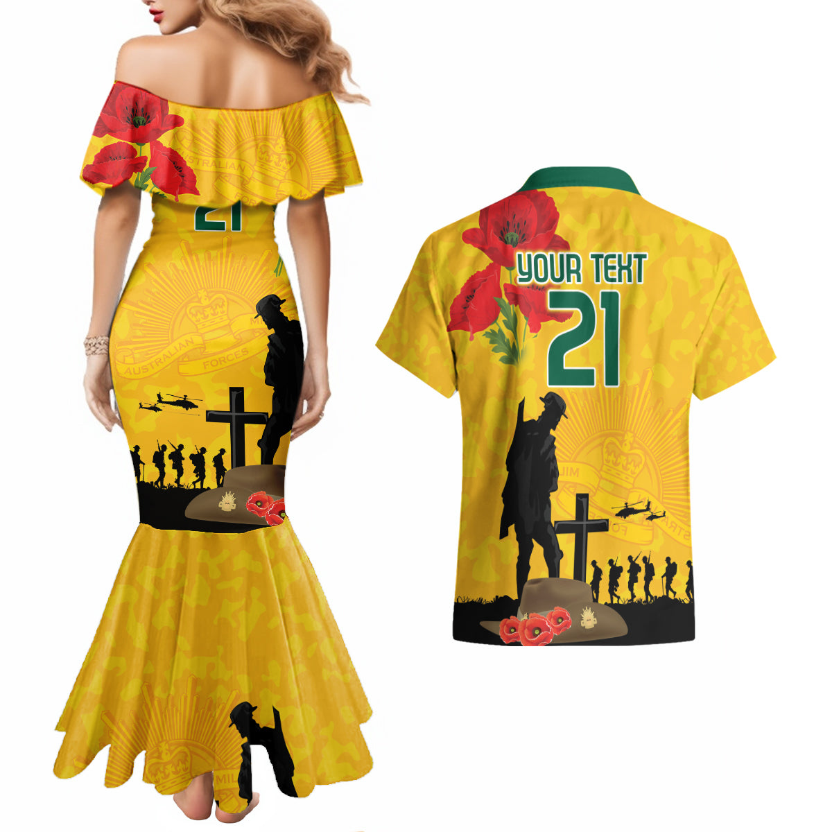 Australia Socceroos Soccer ANZAC Custom Couples Matching Mermaid Dress and Hawaiian Shirt Gallipoli Soldier With Camouflage Art