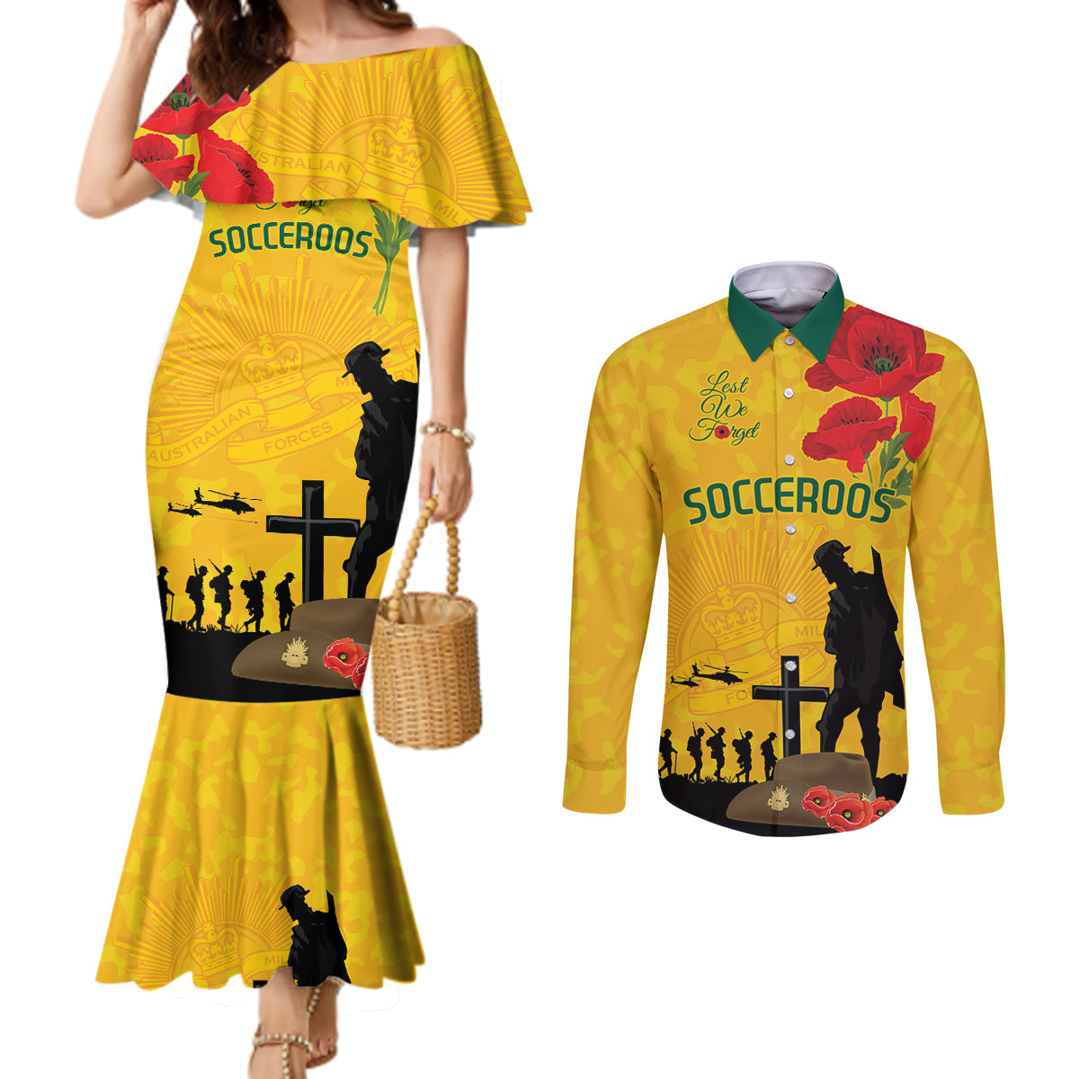 Australia Socceroos Soccer ANZAC Custom Couples Matching Mermaid Dress and Long Sleeve Button Shirt Gallipoli Soldier With Camouflage Art