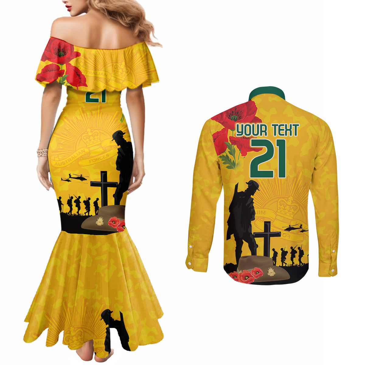 Australia Socceroos Soccer ANZAC Custom Couples Matching Mermaid Dress and Long Sleeve Button Shirt Gallipoli Soldier With Camouflage Art