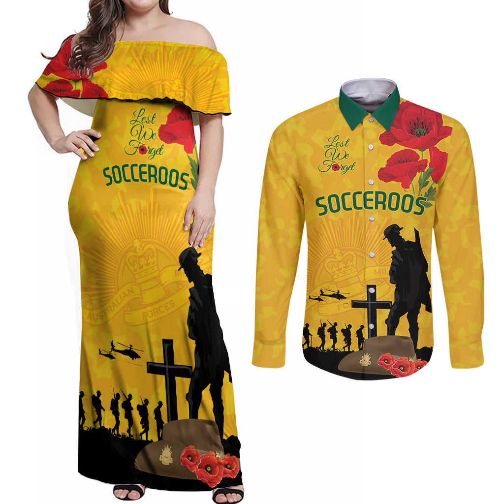 Australia Socceroos Soccer ANZAC Custom Couples Matching Off Shoulder Maxi Dress and Long Sleeve Button Shirt Gallipoli Soldier With Camouflage Art