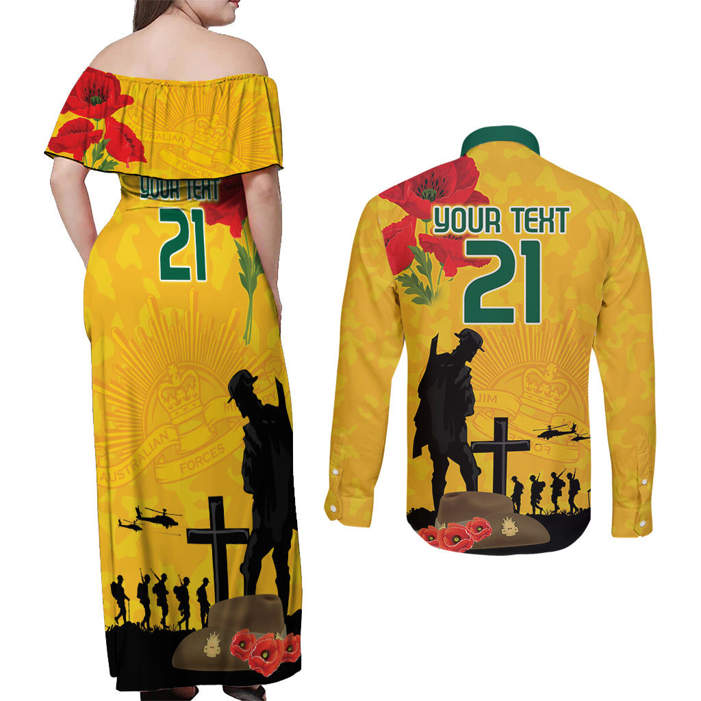 Australia Socceroos Soccer ANZAC Custom Couples Matching Off Shoulder Maxi Dress and Long Sleeve Button Shirt Gallipoli Soldier With Camouflage Art