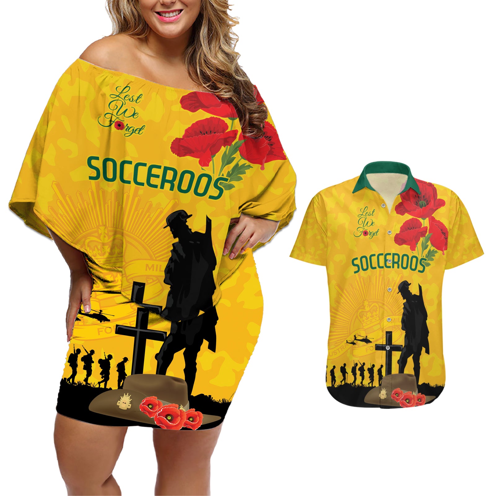 Australia Socceroos Soccer ANZAC Custom Couples Matching Off Shoulder Short Dress and Hawaiian Shirt Gallipoli Soldier With Camouflage Art