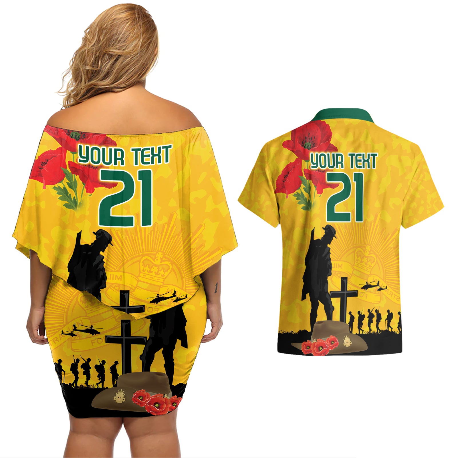 Australia Socceroos Soccer ANZAC Custom Couples Matching Off Shoulder Short Dress and Hawaiian Shirt Gallipoli Soldier With Camouflage Art