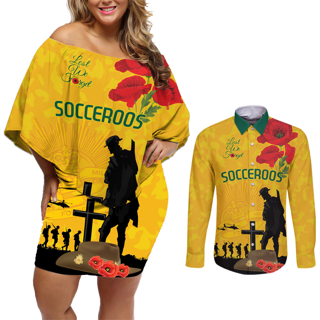 Australia Socceroos Soccer ANZAC Custom Couples Matching Off Shoulder Short Dress and Long Sleeve Button Shirt Gallipoli Soldier With Camouflage Art