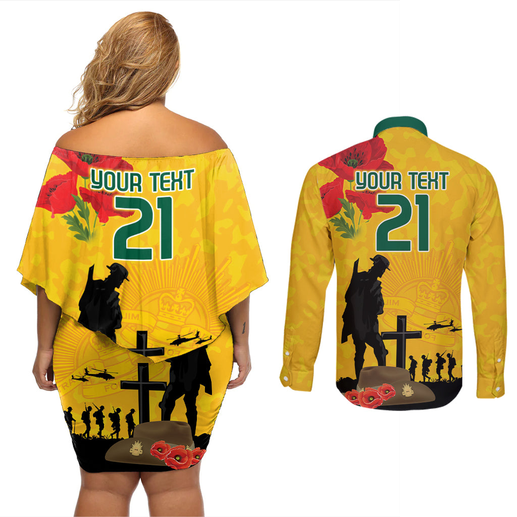 Australia Socceroos Soccer ANZAC Custom Couples Matching Off Shoulder Short Dress and Long Sleeve Button Shirt Gallipoli Soldier With Camouflage Art