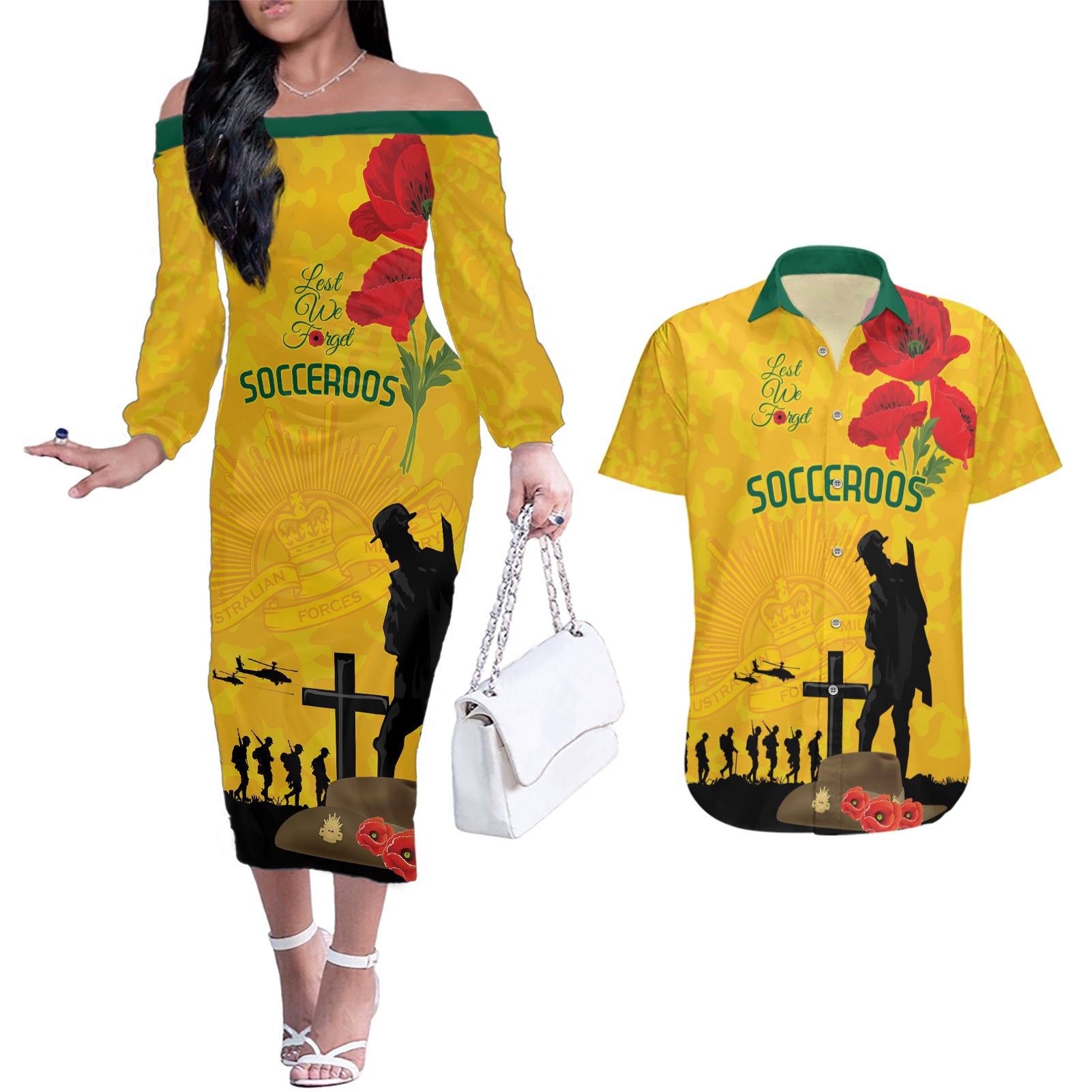 Australia Socceroos Soccer ANZAC Custom Couples Matching Off The Shoulder Long Sleeve Dress and Hawaiian Shirt Gallipoli Soldier With Camouflage Art