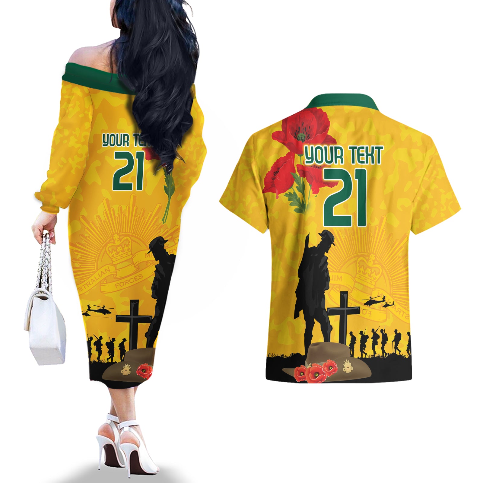 Australia Socceroos Soccer ANZAC Custom Couples Matching Off The Shoulder Long Sleeve Dress and Hawaiian Shirt Gallipoli Soldier With Camouflage Art