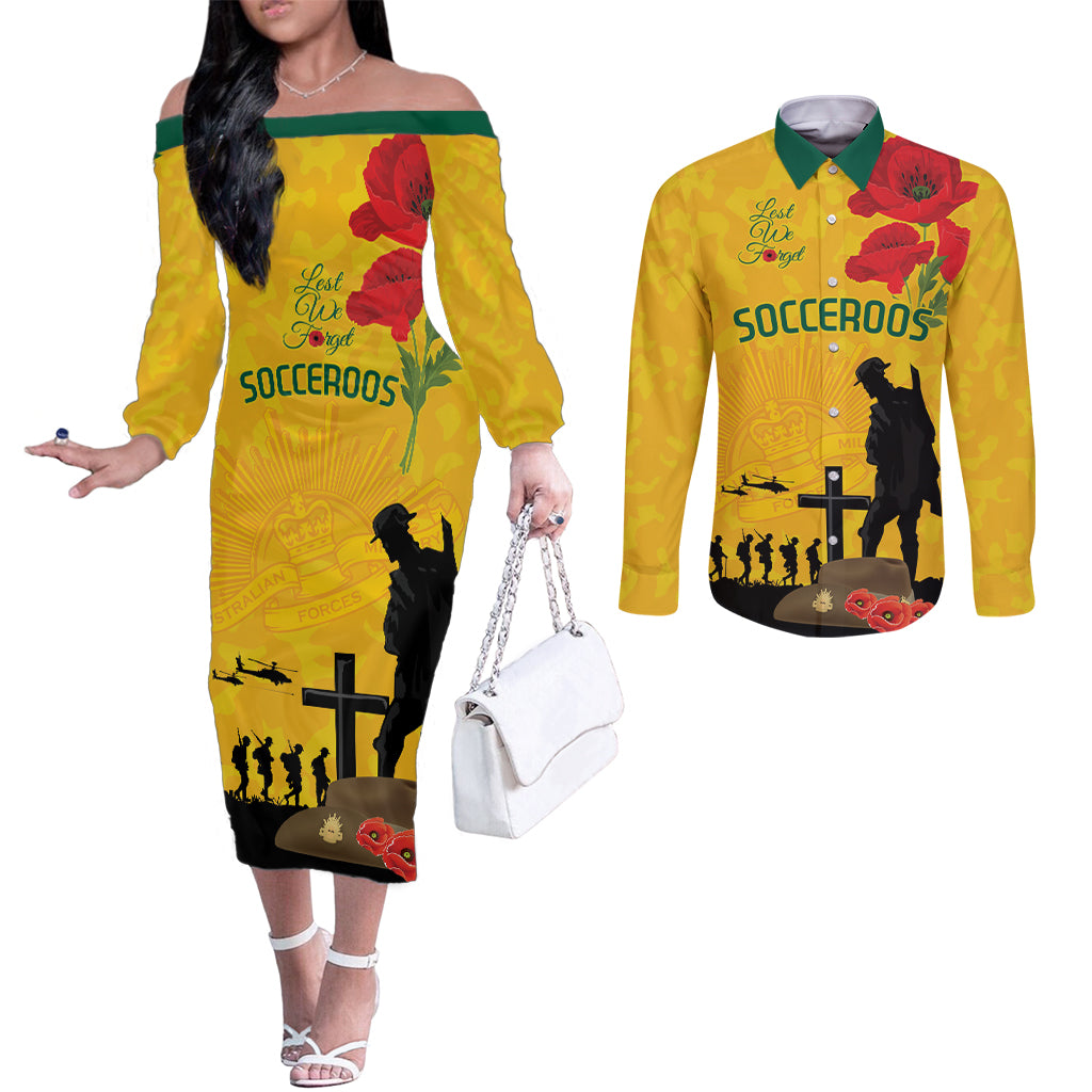 Australia Socceroos Soccer ANZAC Custom Couples Matching Off The Shoulder Long Sleeve Dress and Long Sleeve Button Shirt Gallipoli Soldier With Camouflage Art
