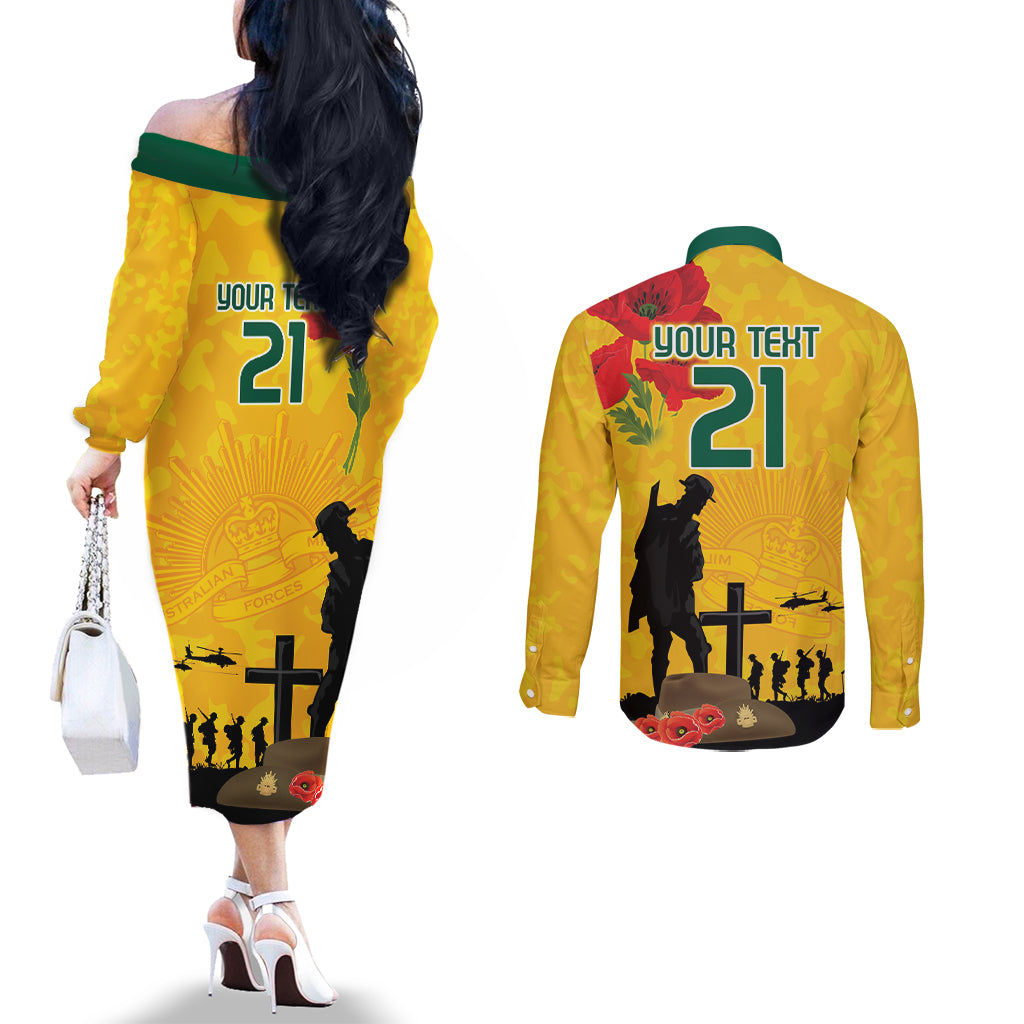 Australia Socceroos Soccer ANZAC Custom Couples Matching Off The Shoulder Long Sleeve Dress and Long Sleeve Button Shirt Gallipoli Soldier With Camouflage Art
