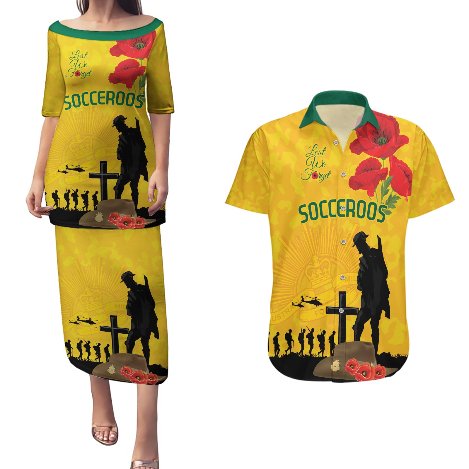Australia Socceroos Soccer ANZAC Custom Couples Matching Puletasi and Hawaiian Shirt Gallipoli Soldier With Camouflage Art